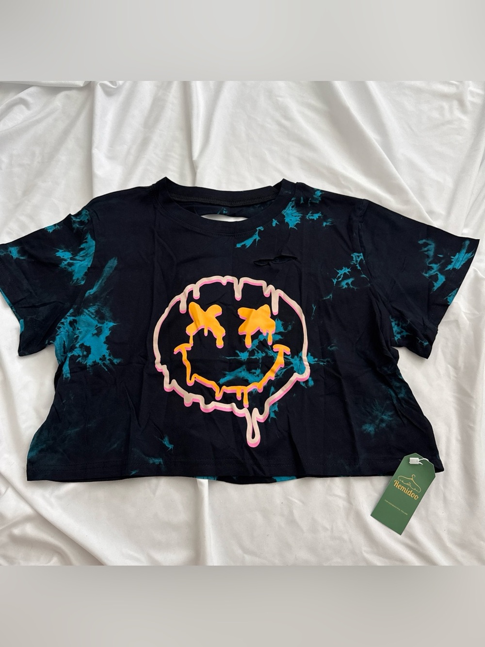 Mido Black Crop Tee with Teal Tie-Dye & Neon Smiley